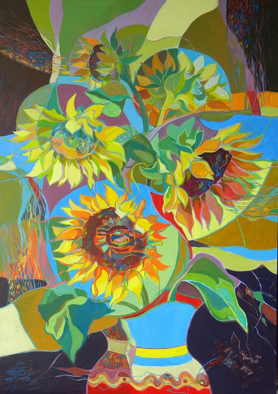 «Соняшники», автор Марія Ворончак; картон, акрил, 70Х50