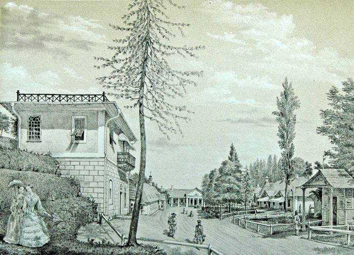 Вигляд від Фердинанду - центр Трускавця. Літографія А. Тітца, 1854 рік